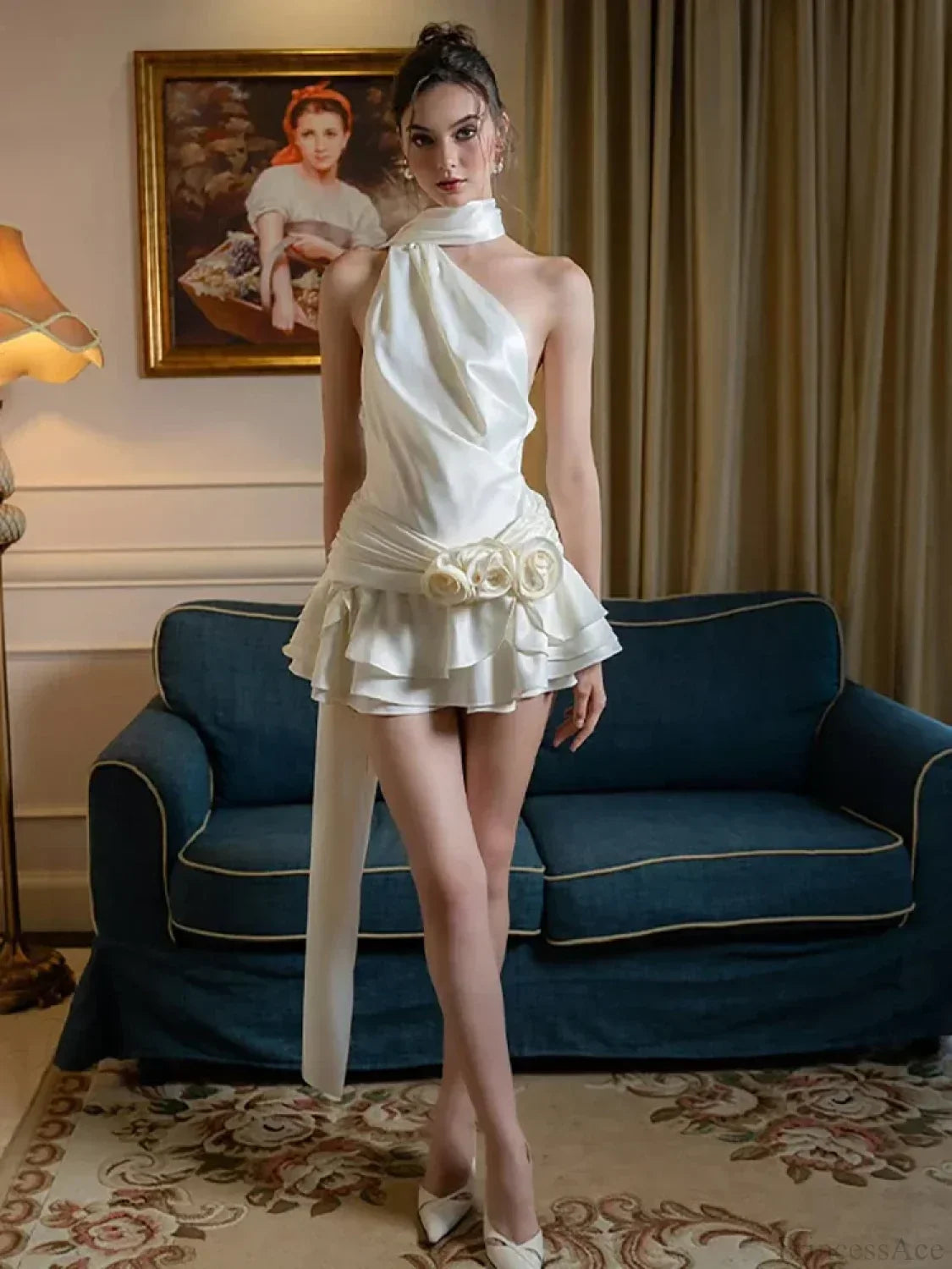 Satin Halter 3D Rosette Waist Tiered Ruffle Side Train Mini Dress