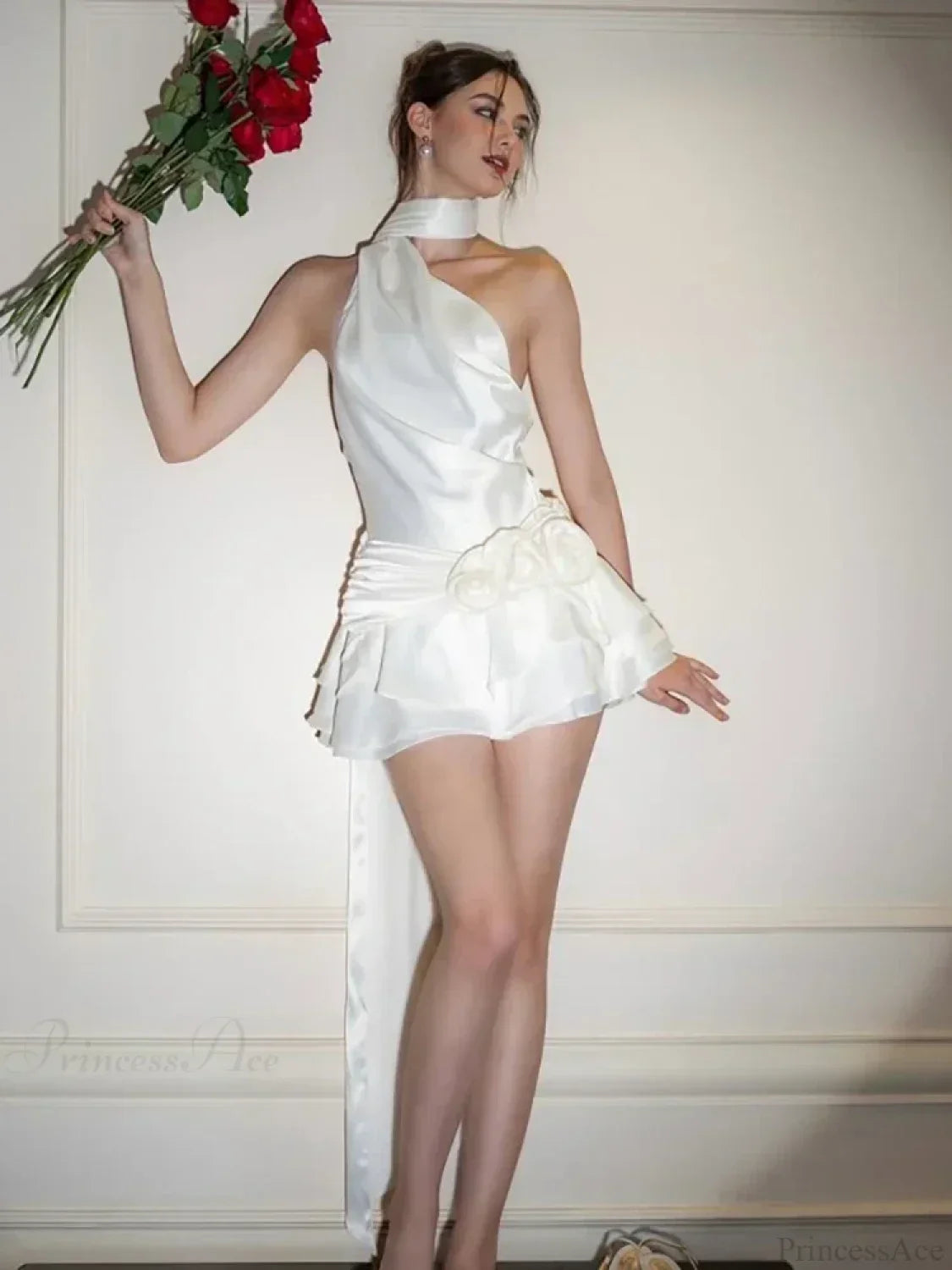 Satin Halter 3D Rosette Waist Tiered Ruffle Side Train Mini Dress