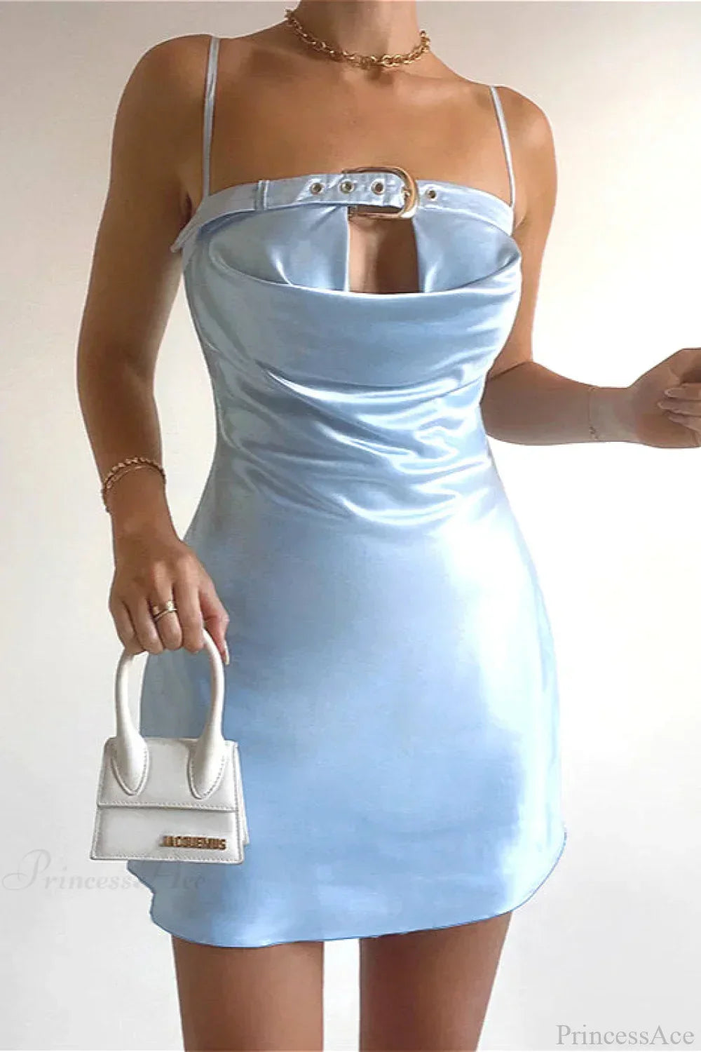 Satin Cowl Neck Eyelet Strap Cut Out Slip Mini Dress