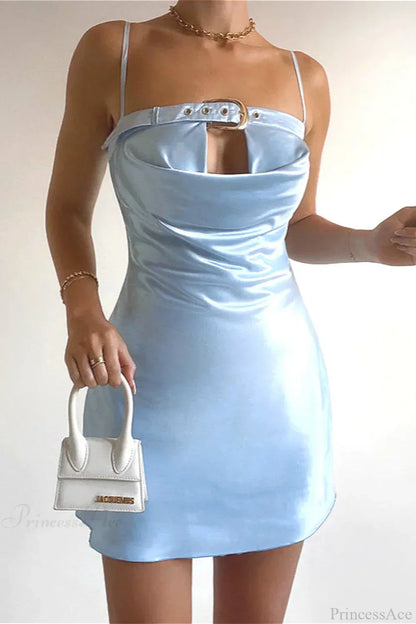 Satin Cowl Neck Eyelet Strap Cut Out Slip Mini Dress