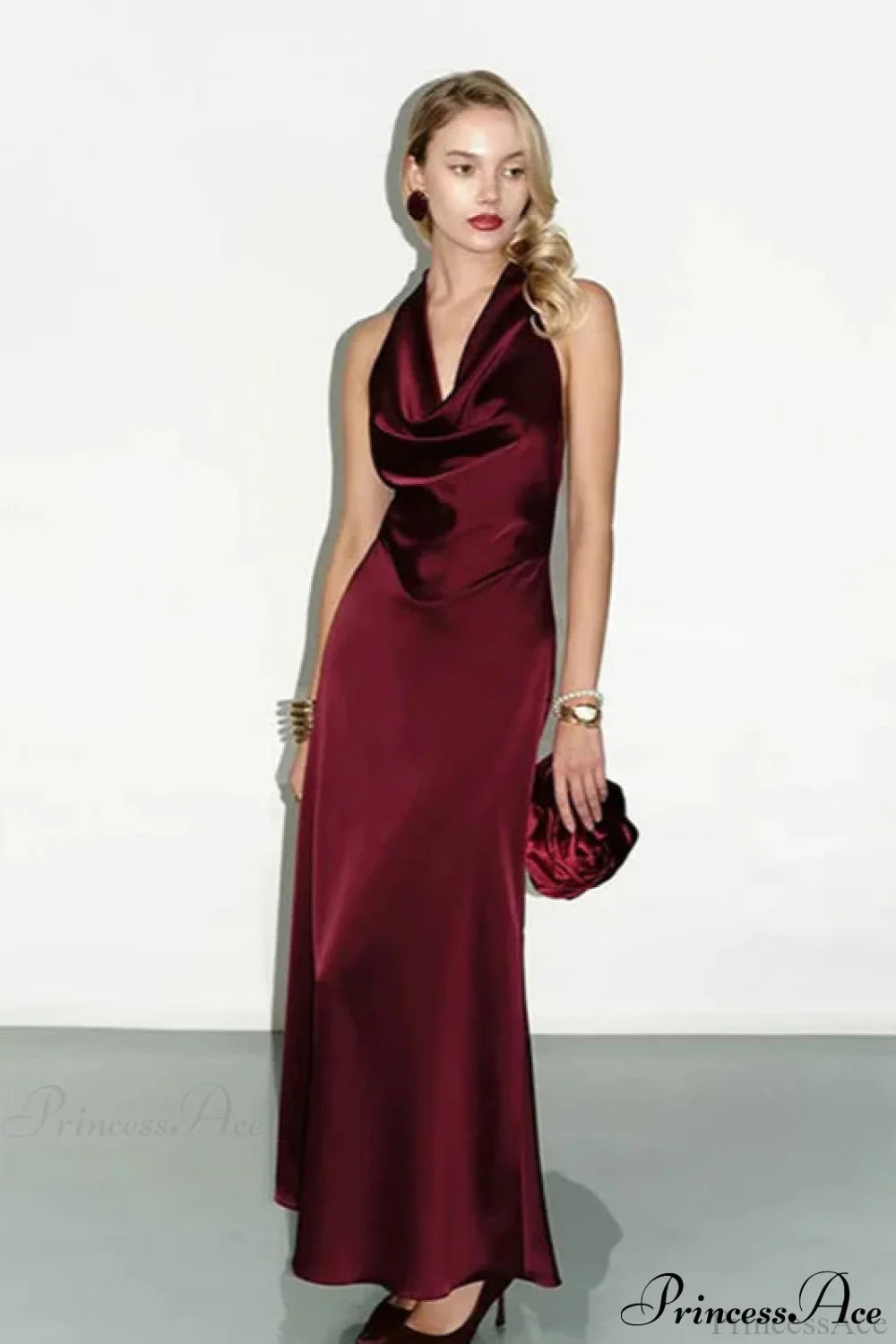 Satin Cowl Neck Halter Backless Slim Maxi Dress