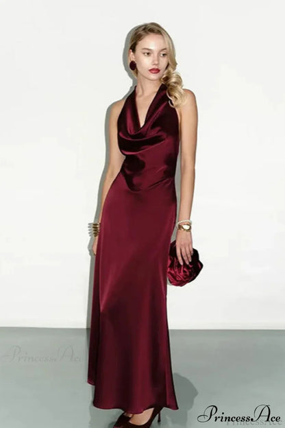Satin Cowl Neck Halter Backless Slim Maxi Dress