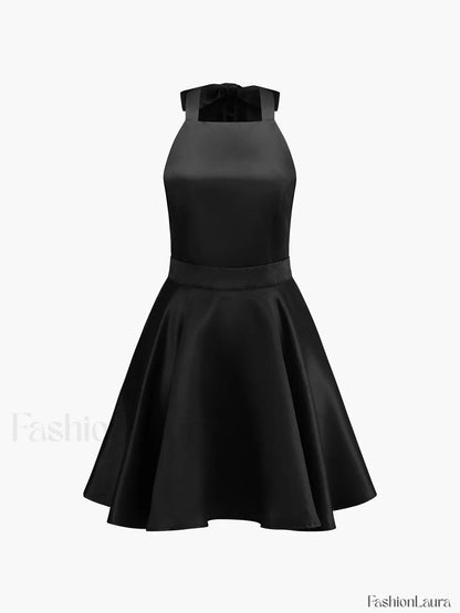 Satin Knotted Doule Pockets Open Back Pleated Mini Dress
