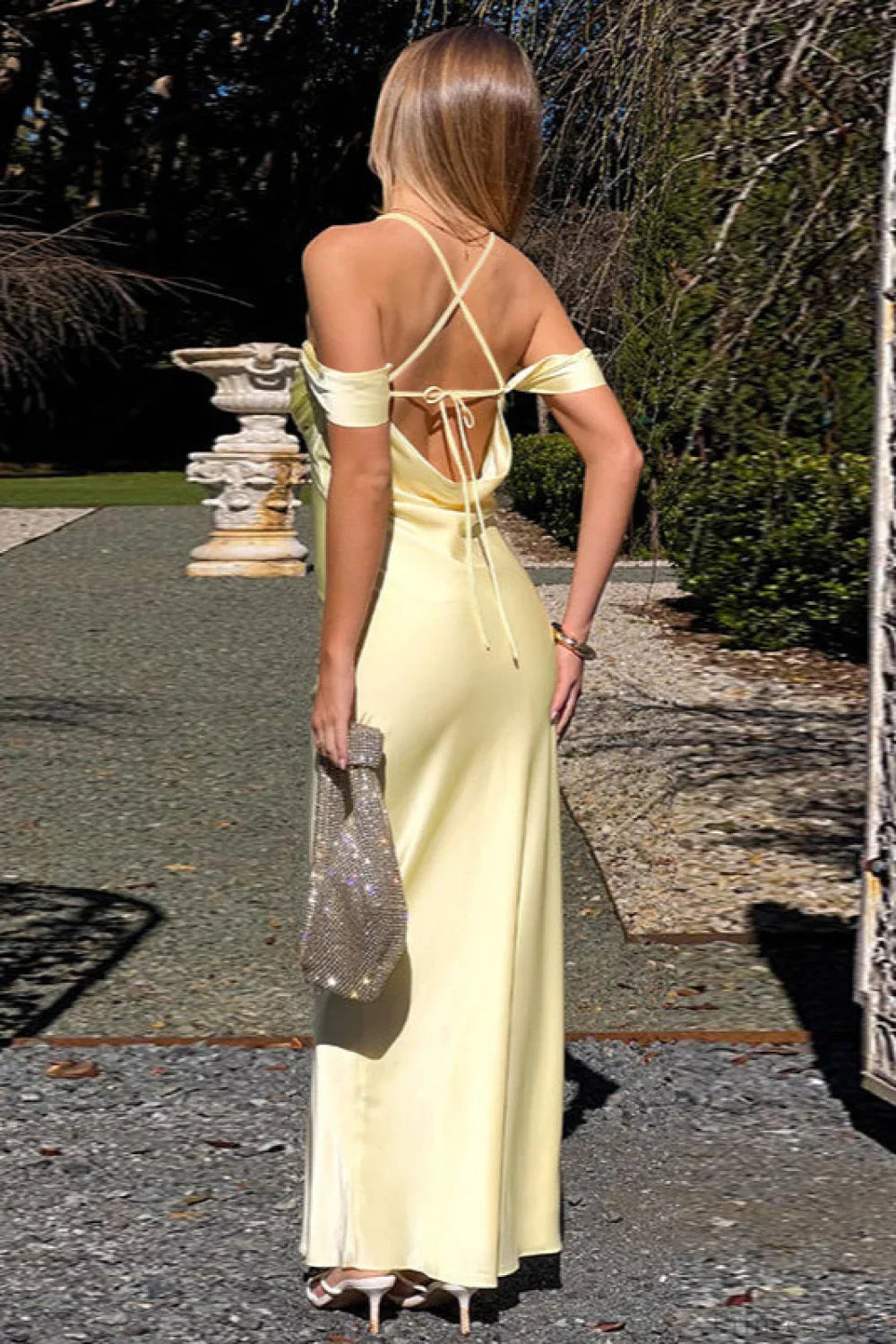 Satin Off Shoulder Backless Tie Cami Maxi Dress