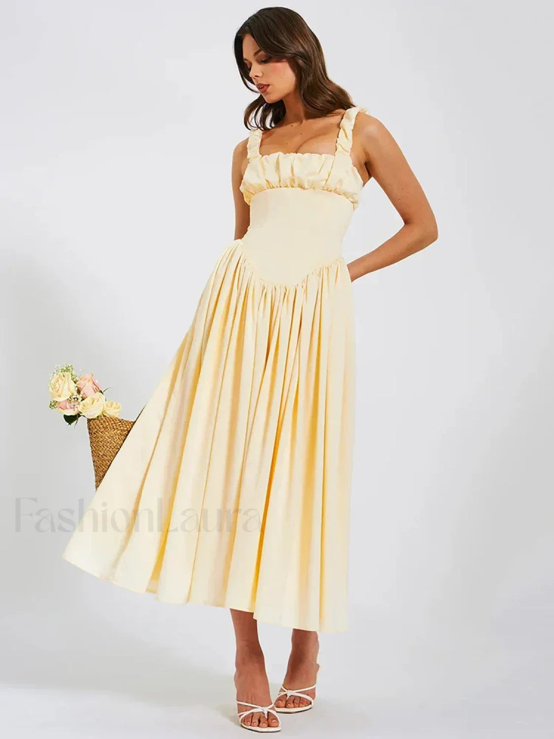 Satin Square-Collar Midi Dress