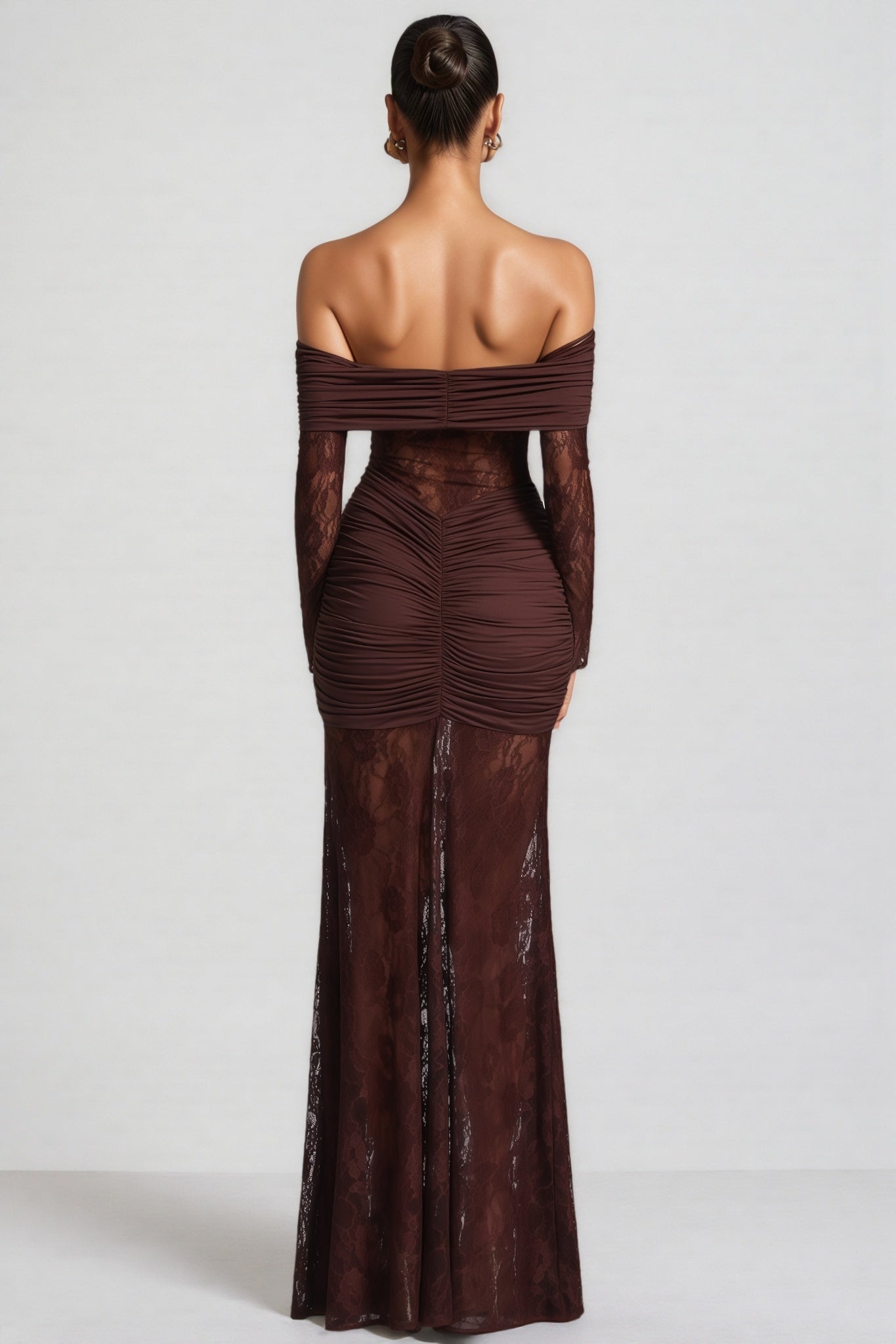 Velally Brown Lace Cut-Out Fishtail Maxi Dress