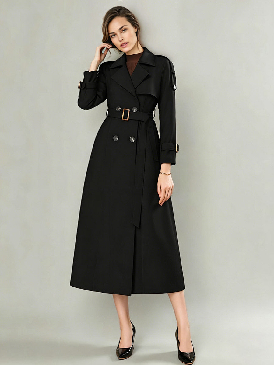 Trench Coat For Women Modern Turndown Collar Buttons Full Length Coat