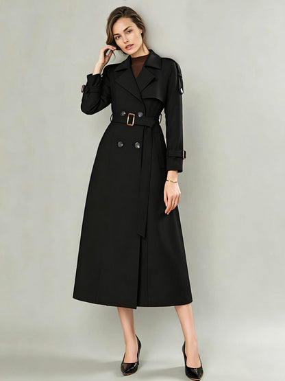 Trench Coat For Women Modern Turndown Collar Buttons Full Length Coat