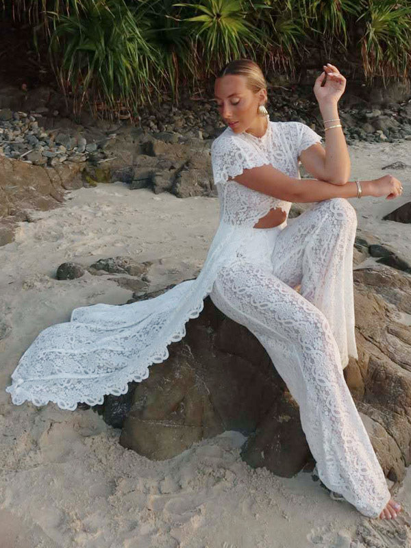 Two Piece Sets Pant Set Maxi Dresses White Resort Wear Jewel Neck Illusion Sleeves Short Sleeves Sets