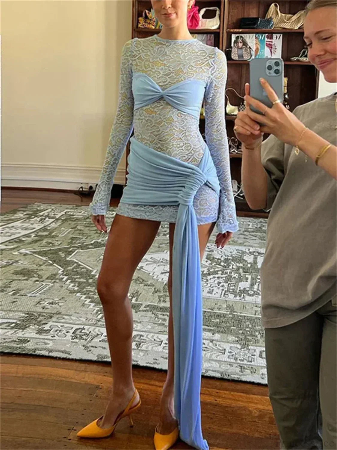 Sheer Lace Long Sleeve Twisted Bandeau Ruched Drape Panel Mini Dress