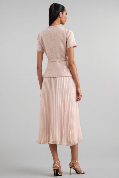 Andrea Pink Boucle Belted Midi Dress Set