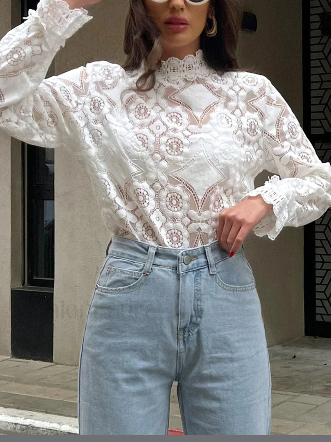 Semi-Sheer Lace Embroidery Floral Mock Neck T-Shirt