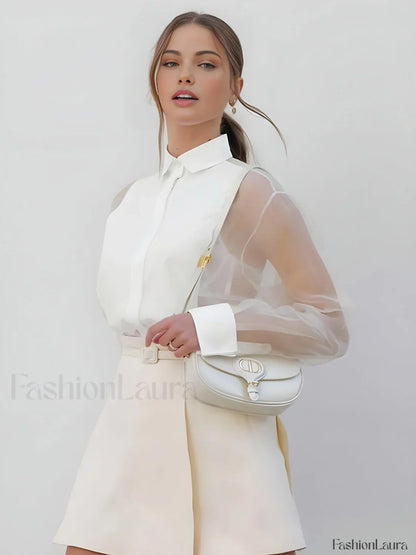 Semi-Sheer Puff Sleeve Organza Shirt