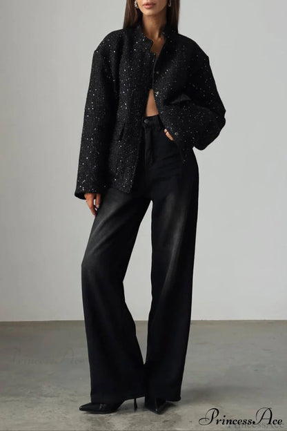 Sequin Metallic Stand Collar Loose Fashion Coat