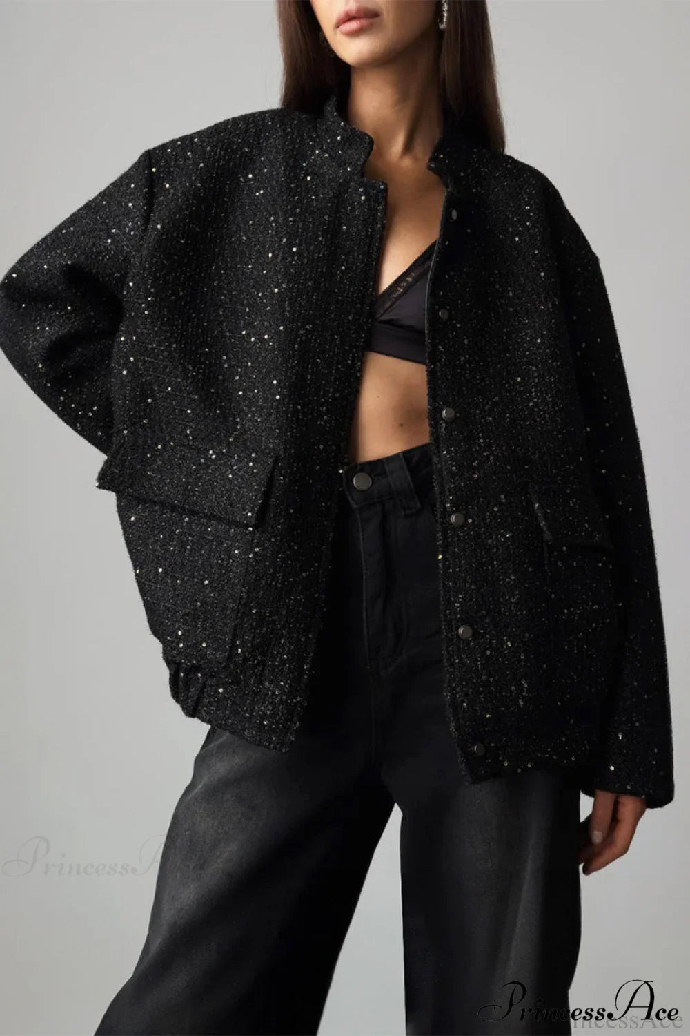 Sequin Metallic Stand Collar Loose Fashion Coat