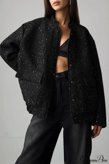 Sequin Metallic Stand Collar Loose Fashion Coat