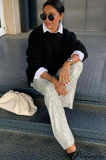 Sequin Slim-Fit Straight Casual Pants