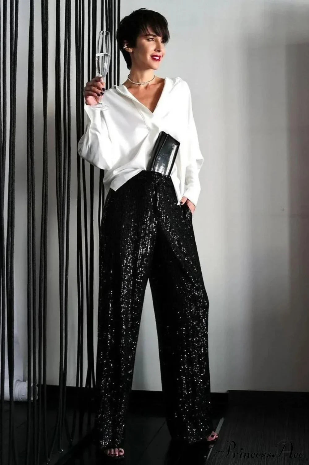 Sequin Slim-Fit Straight Casual Pants