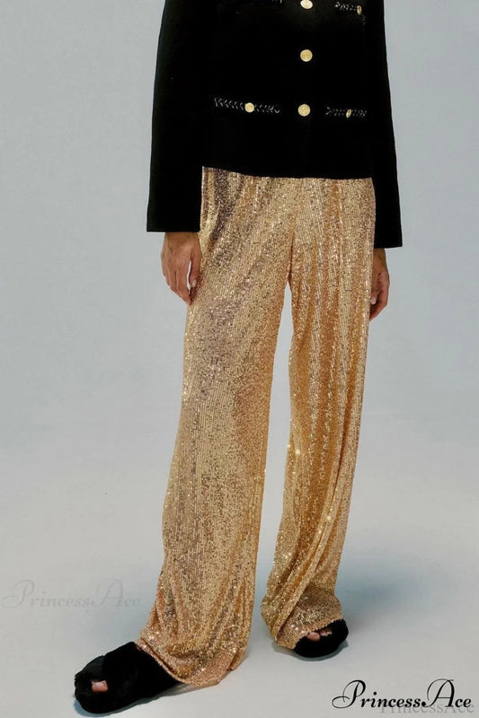 Sequin Slim-Fit Straight Casual Pants