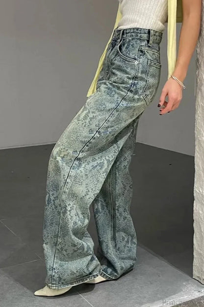 Serpentine Print Low Waist Straight Leg Jeans