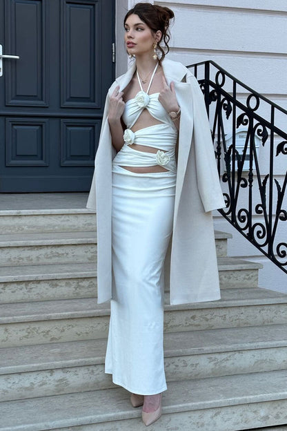 3D Rosette Halter Cutout Crop Top Maxi Skirt Coat Set