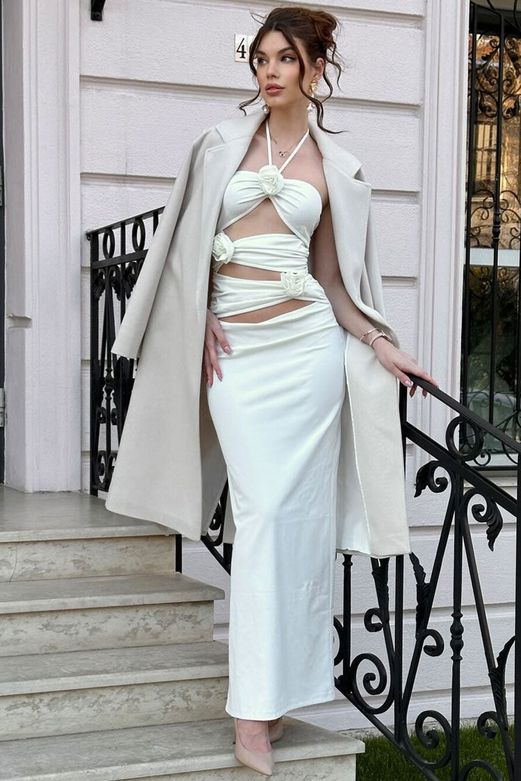 3D Rosette Halter Cutout Crop Top Maxi Skirt Coat Set