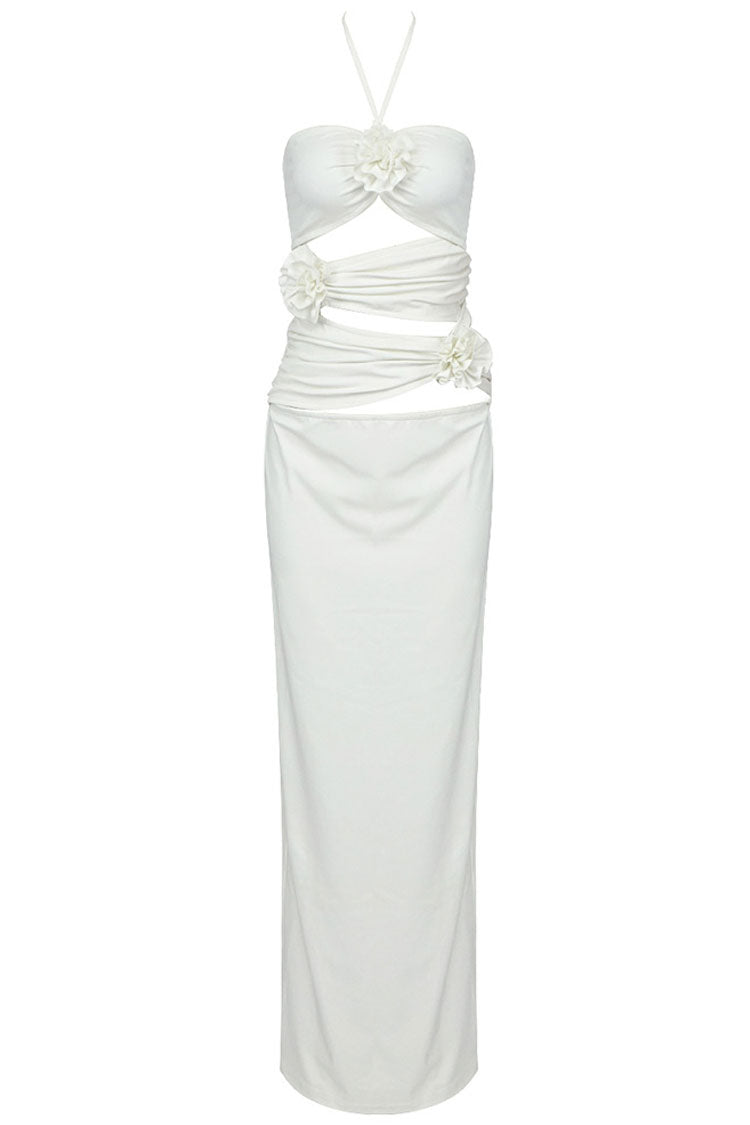 3D Rosette Halter Cutout Crop Top Maxi Skirt Coat Set