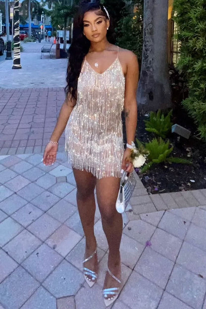 Rhinestone Fringe Tiered Deep V-Neck Spaghetti Strap Bodycon Mini Dress