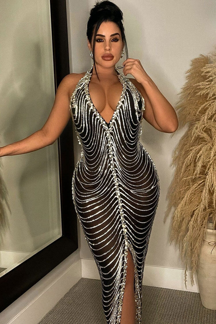 Halter Deep V Neck Rhinestone Chain Draped Mesh High Slit Midi Dress
