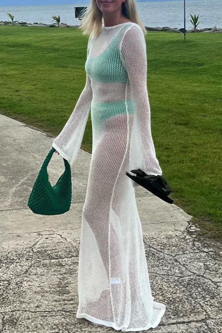 Crew Neck Bell Cuff Trim Open-Knit Sheer Beach Maxi Dress