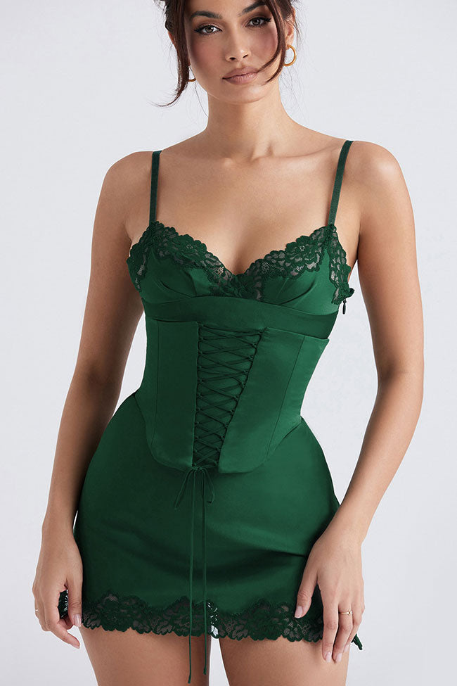 Lace Up Corset V Neck Lace Trim Satin Slip Mini Dress