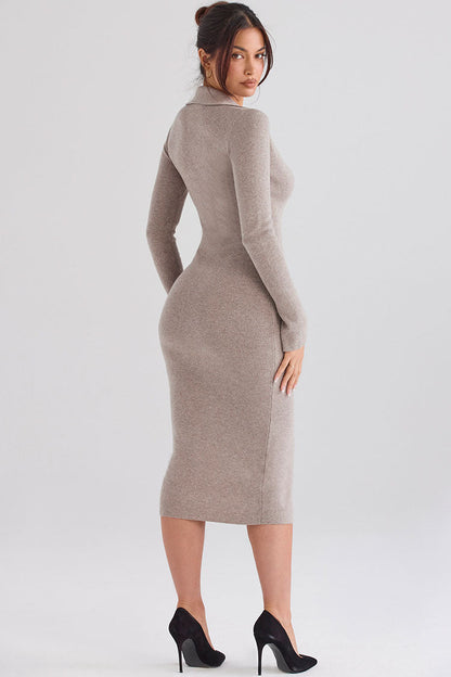 Collared Button Down Rib Knit Deep V-Neck Bodycon Midi Dress