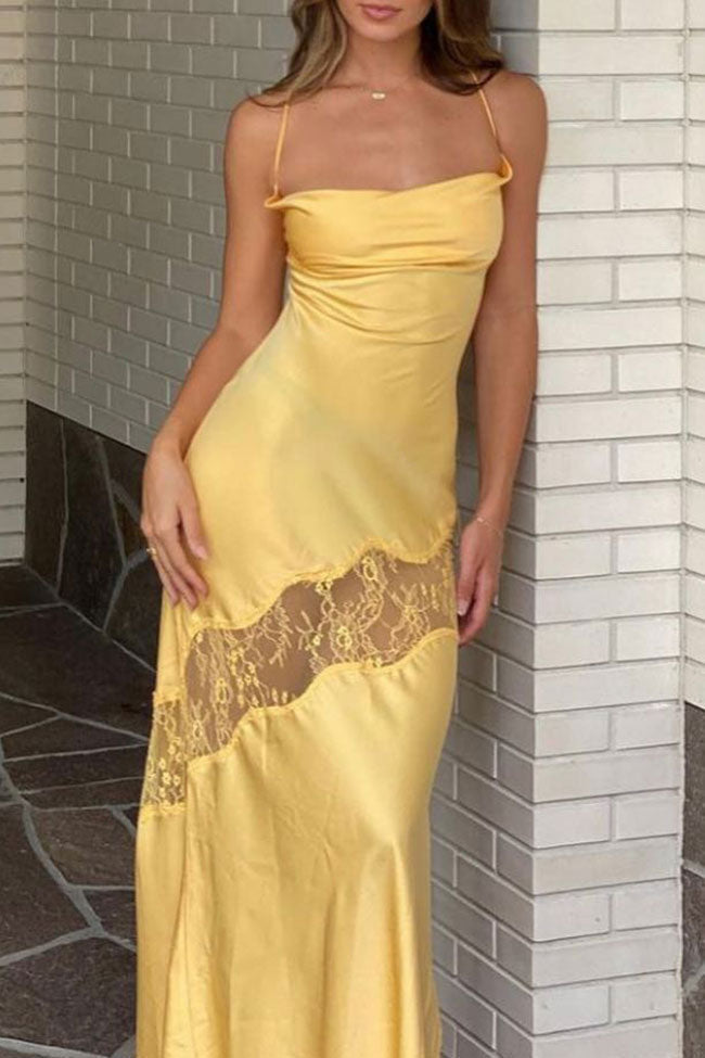 Cowl Neck Spaghetti Strap Lace Panel Thigh Slit Maxi Dress