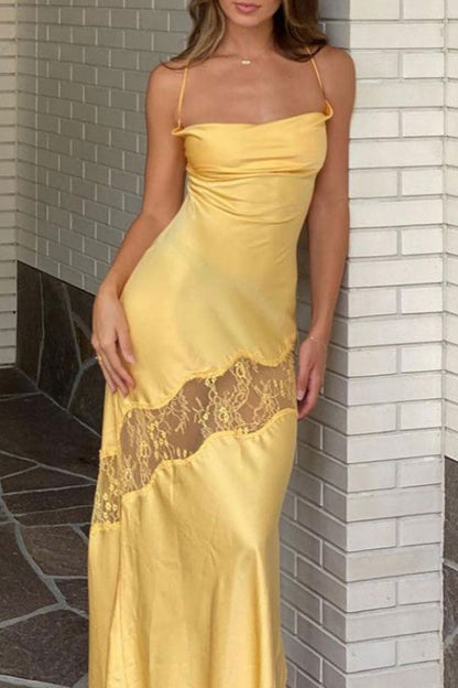 Cowl Neck Spaghetti Strap Lace Panel Thigh Slit Maxi Dress