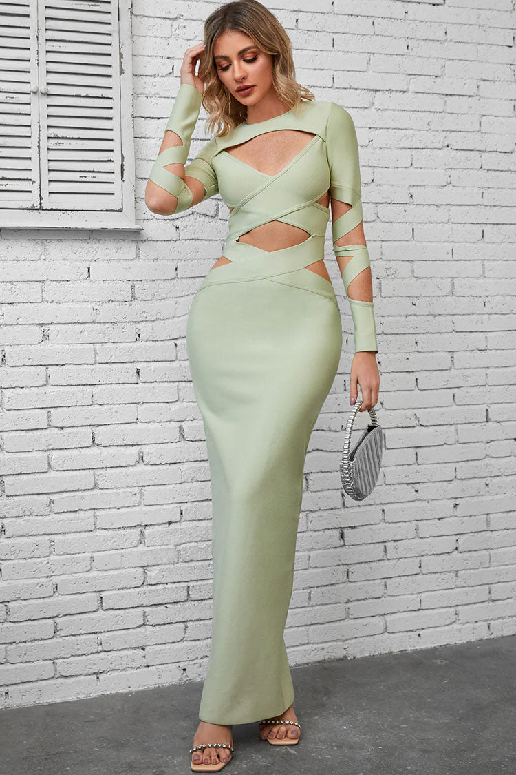 Crew Neck Chest Cutout Crisscross Bandage Side Waist Sleeve Cutout Bodycon Maxi Dress