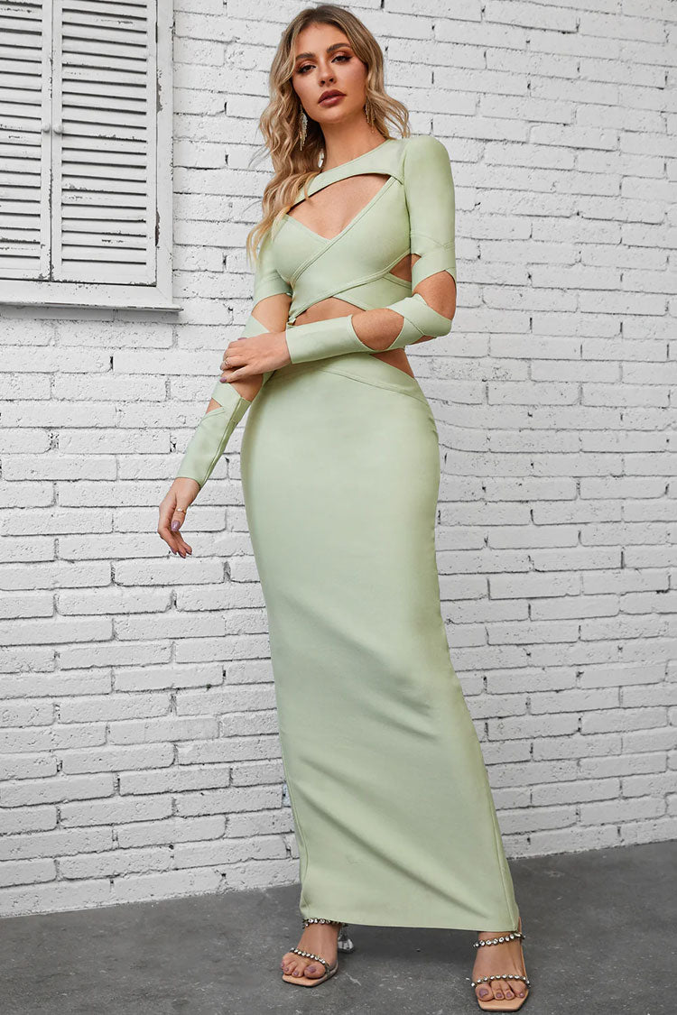 Crew Neck Chest Cutout Crisscross Bandage Side Waist Sleeve Cutout Bodycon Maxi Dress