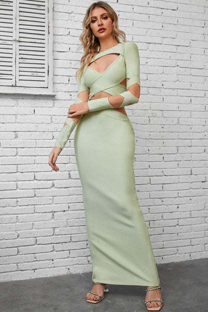 Crew Neck Chest Cutout Crisscross Bandage Side Waist Sleeve Cutout Bodycon Maxi Dress