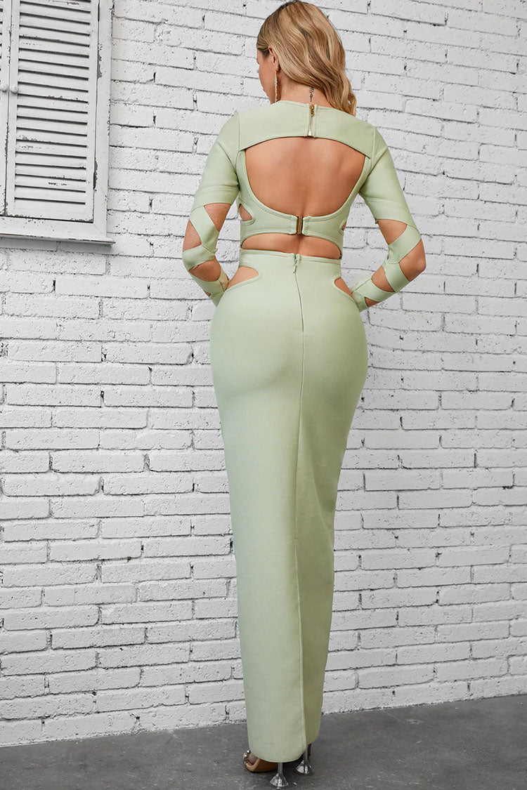Crew Neck Chest Cutout Crisscross Bandage Side Waist Sleeve Cutout Bodycon Maxi Dress