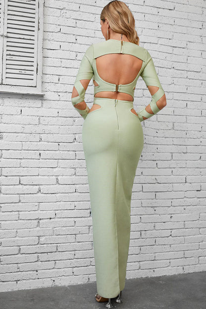 Crew Neck Chest Cutout Crisscross Bandage Side Waist Sleeve Cutout Bodycon Maxi Dress