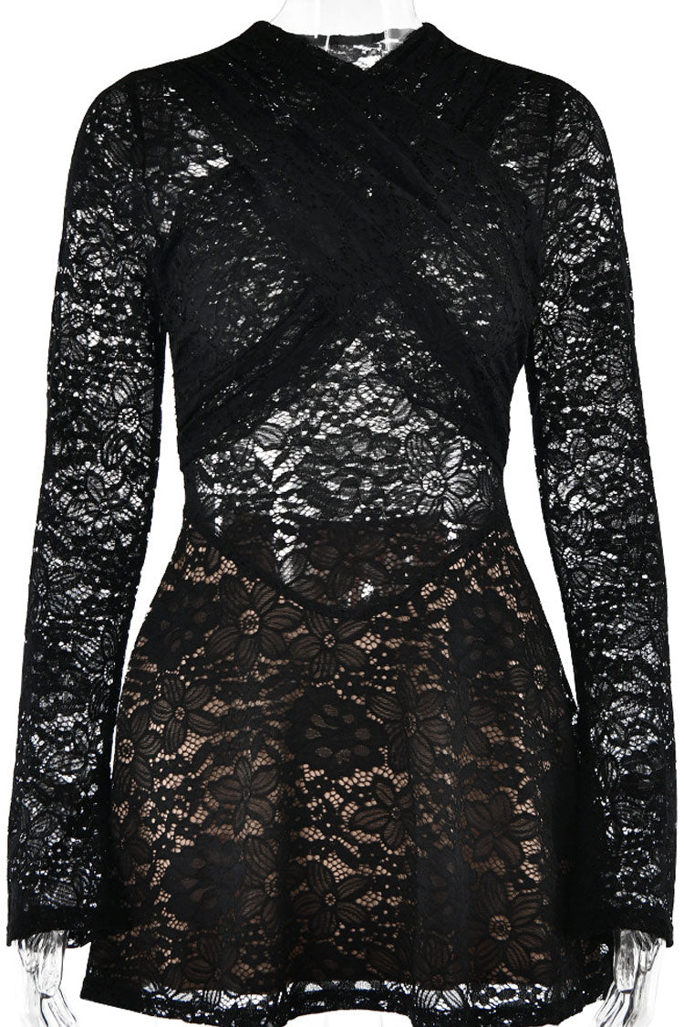 Floral Lace Cross Front Long Sleeve Flared Mini Dress