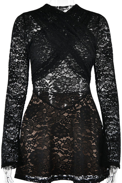 Floral Lace Cross Front Long Sleeve Flared Mini Dress