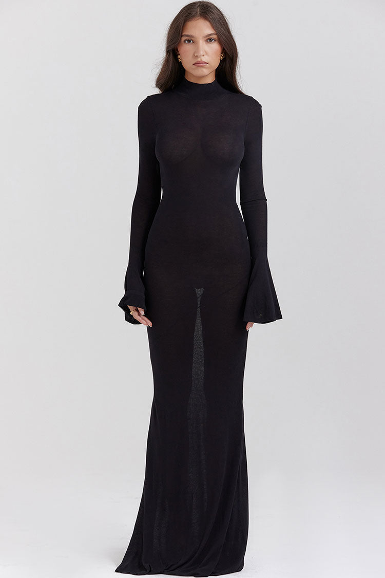 Mock Neck Bell Sleeve Sheer Knit Fishtail Maxi Dress