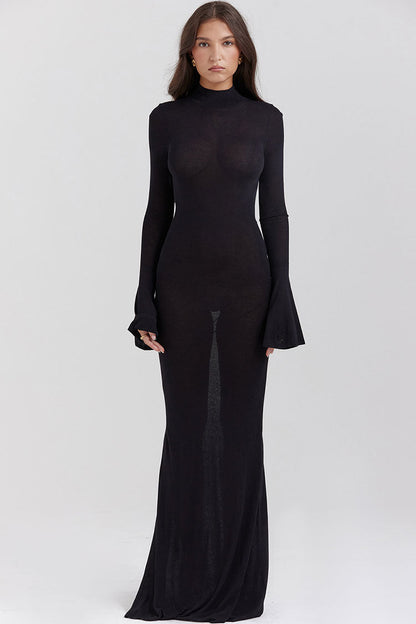 Mock Neck Bell Sleeve Sheer Knit Fishtail Maxi Dress