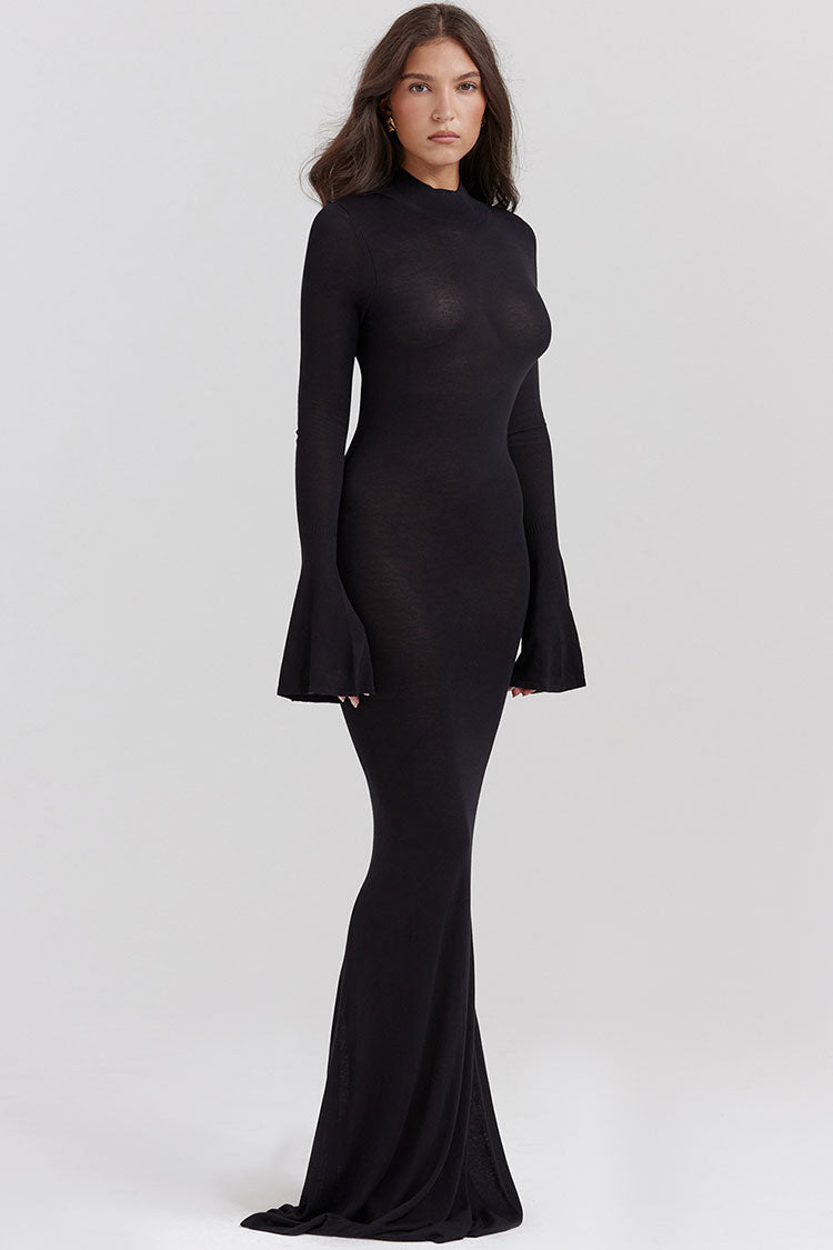 Mock Neck Bell Sleeve Sheer Knit Fishtail Maxi Dress