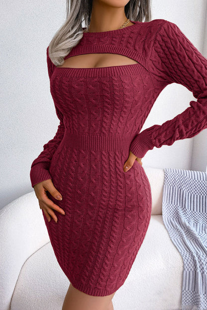 Cable Knit Cutout Chest Long Sleeve Ribbed Waist Bodycon Sweater Mini Dress