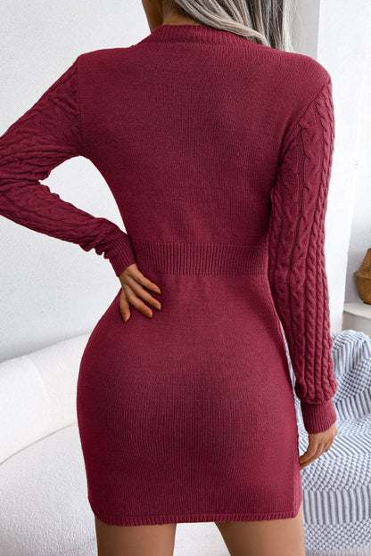 Cable Knit Cutout Chest Long Sleeve Ribbed Waist Bodycon Sweater Mini Dress