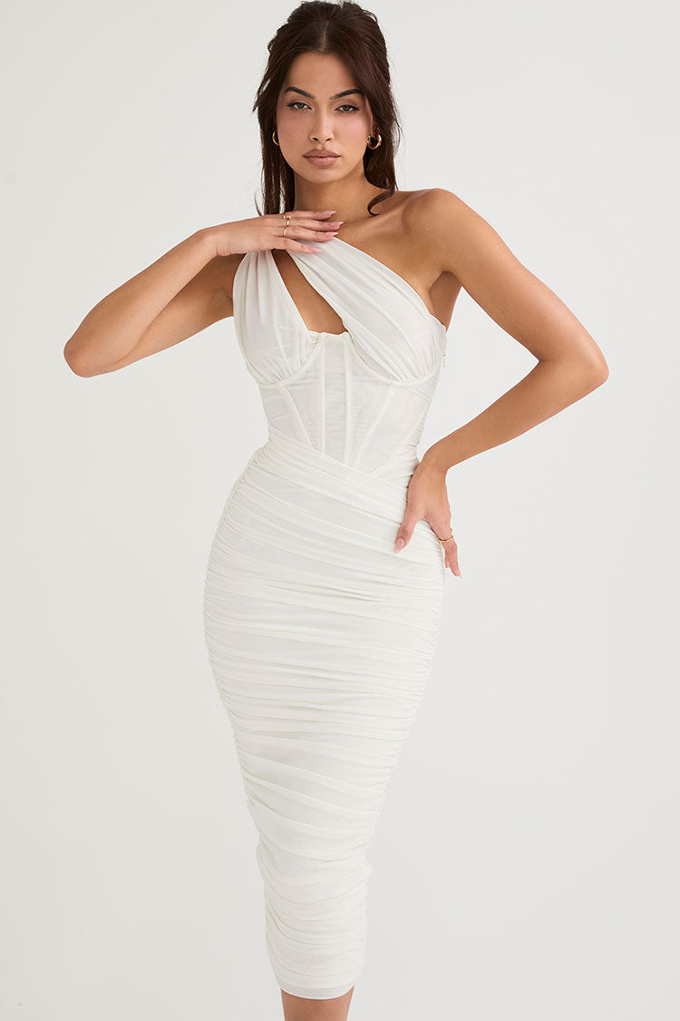 One-Shoulder Cutout Corset Boning Ruched Mesh Bodycon Midi Dress