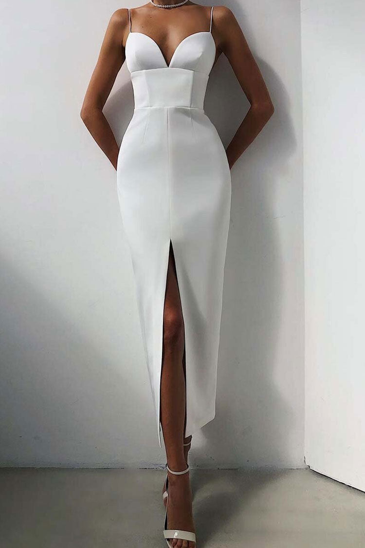 Deep V Spaghetti Strap Bandage High Slit Midi Dress