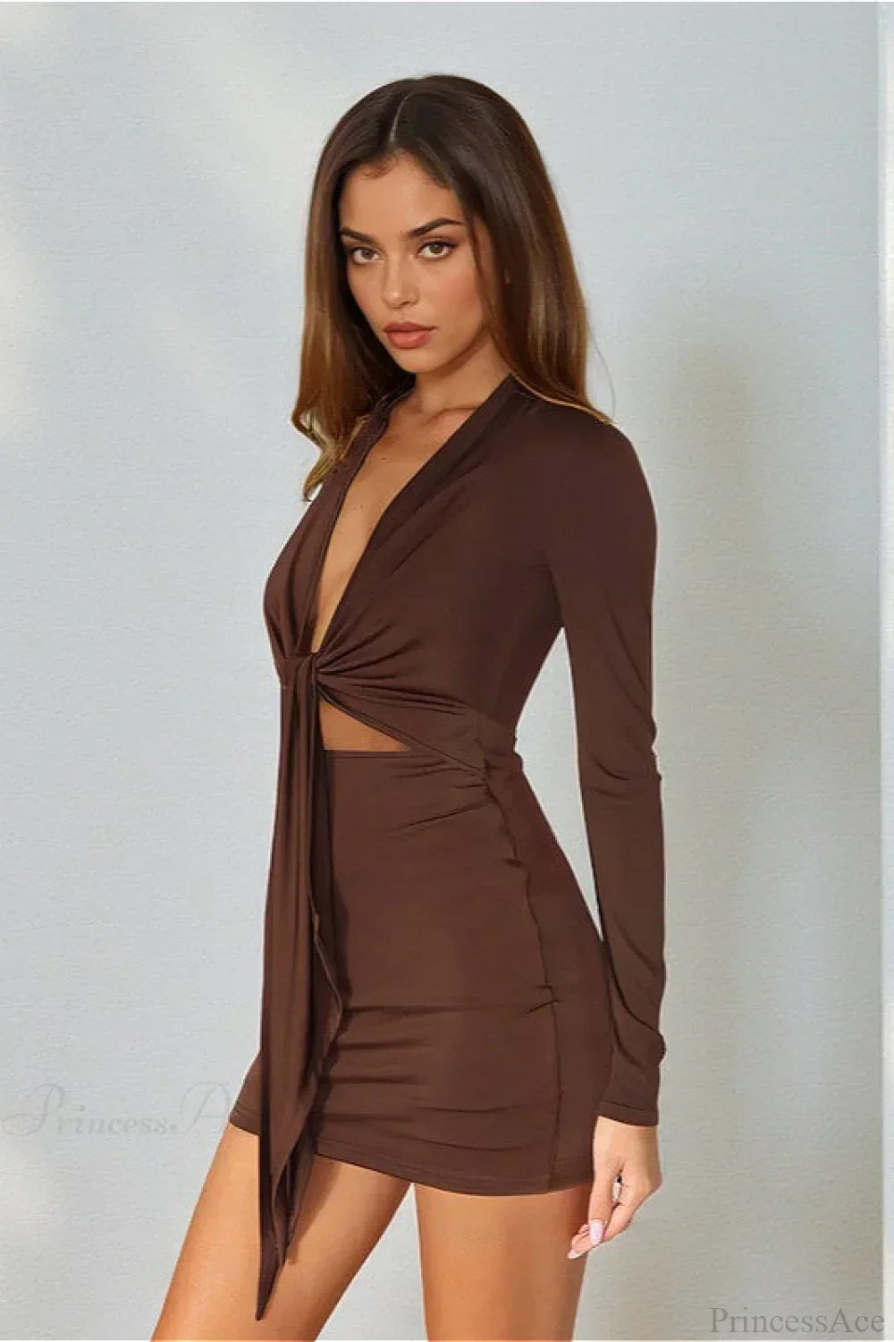 Deep V-Neck Tie Front Cutout Waist Long Sleeve Bodycon Mini Dress