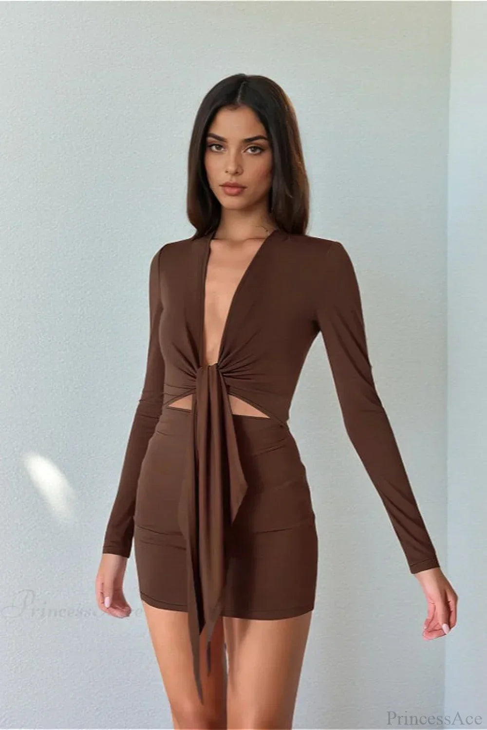 Deep V-Neck Tie Front Cutout Waist Long Sleeve Bodycon Mini Dress